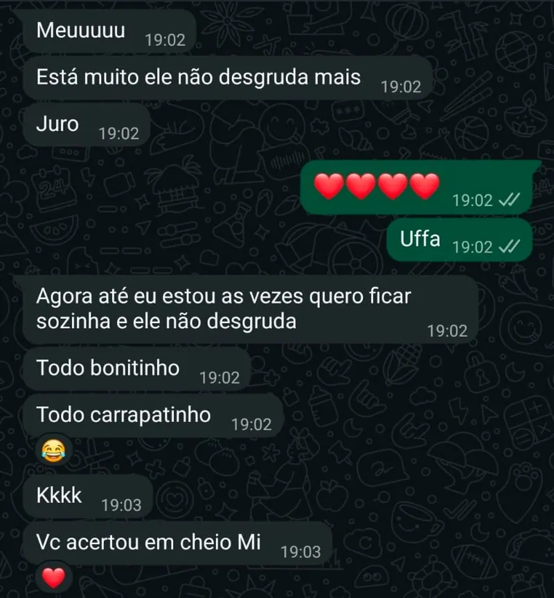 Print de conversa no WhatsApp: a cliente conta que ele não desgruda mais e diz vc acertou em cheio